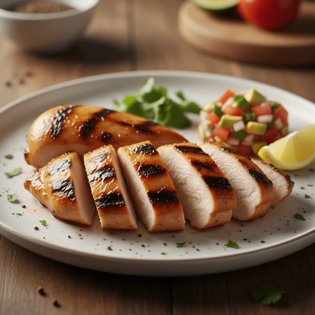 Filete de pechuga de pollo a la parrilla cortado en rodajas y acompañado de ensalada fresca y limón.