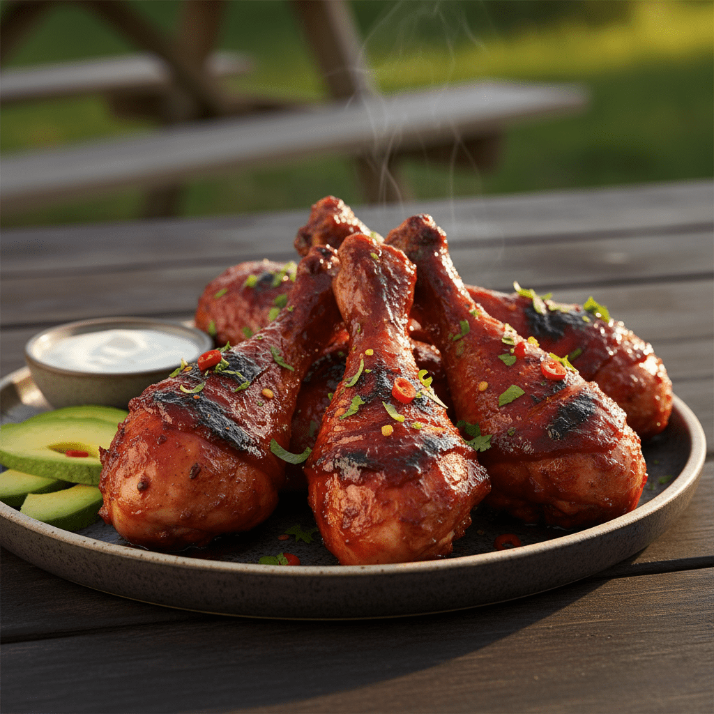Muslos de pollo a la parrilla con salsa BBQ y especias frescas, servidos con aguacate y salsa blanca.