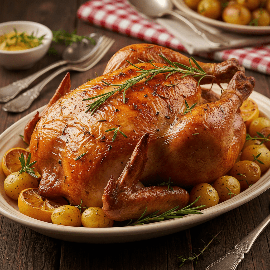 Pollo entero al horno dorado con papas criollas y romero fresco servido en bandeja blanca.