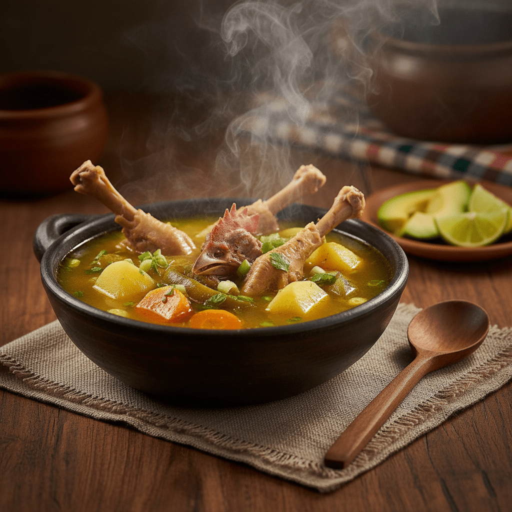 Sopa de cabeza y patas de gallina servida caliente en cazuela de barro con papas, yuca y zanahoria.