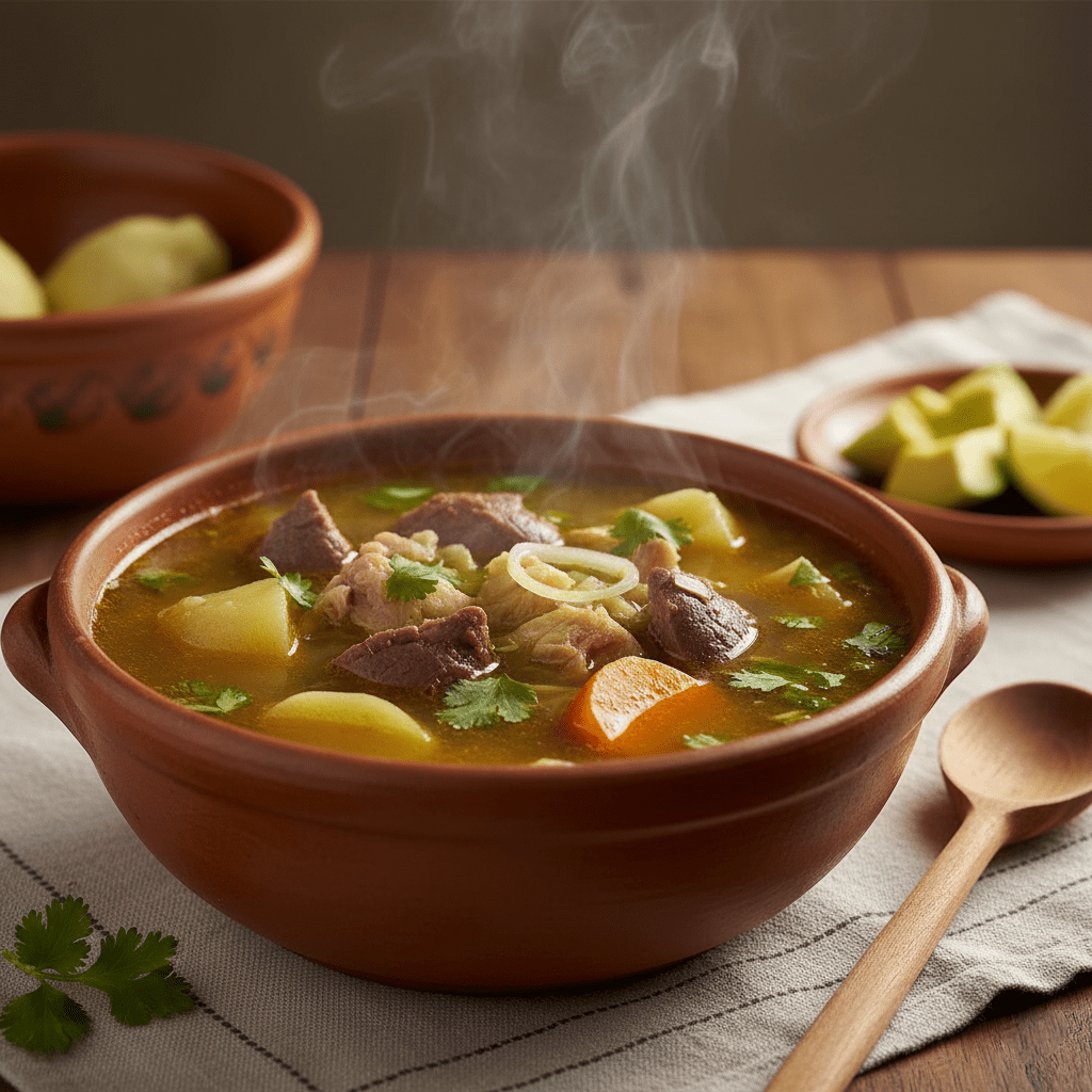 Sopa de menudencias finas de gallina con papa, zanahoria y cilantro servida caliente en cazuela de barro.